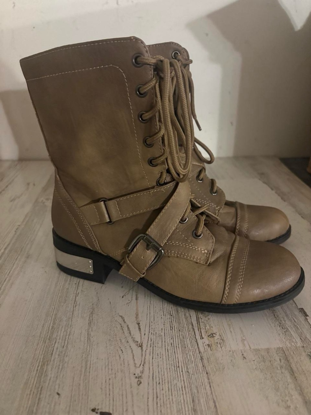 Women’s Lace-Up Buckle Ankle Boots in Taupe
